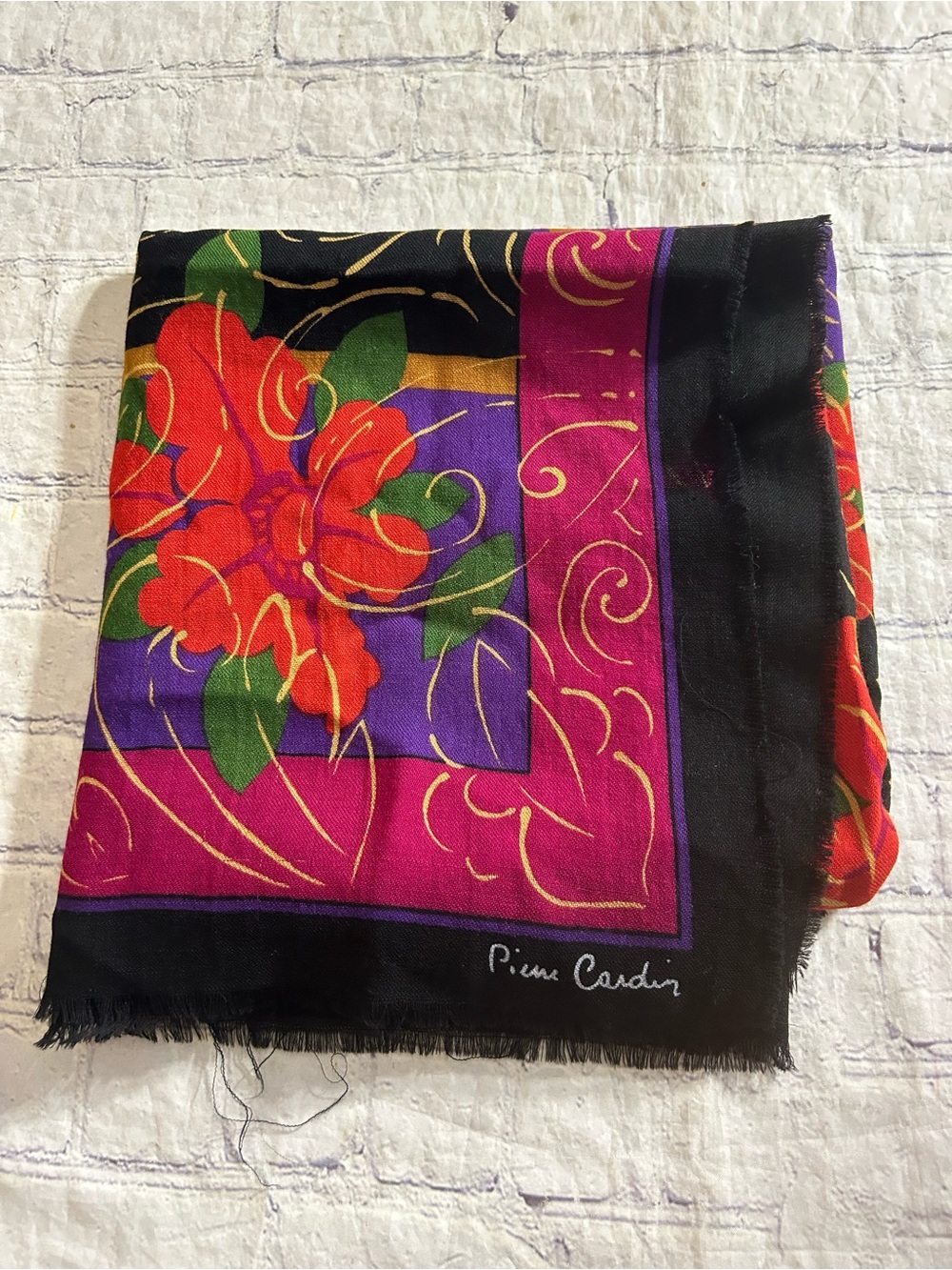 PIERRE CARDIN VINTAGE OVERSIZED WRAP/SCARF FLORAL MULTI COLORED RAW EDGES